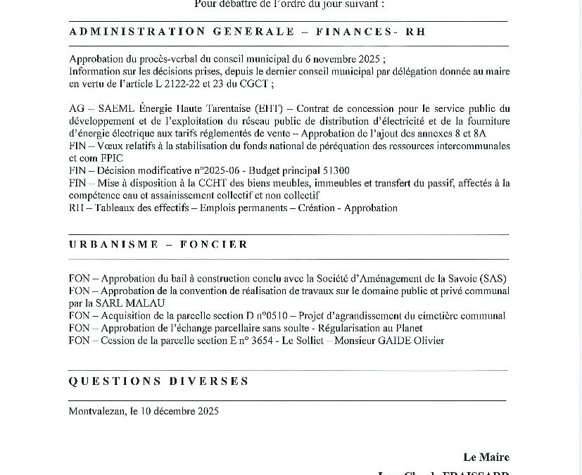 Conseil Municipal du 18 décembre 2025 – l’ORDRE DU JOUR 🖋